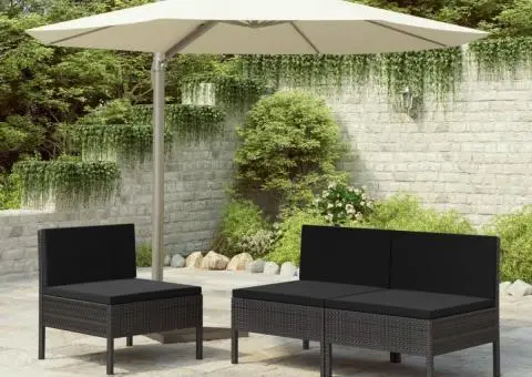 Scaune de grădină cu perne, 3 buc., negru, poliratan - 1/5