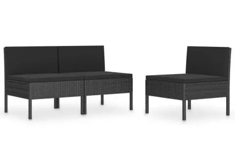 Scaune de grădină cu perne, 3 buc., negru, poliratan - 2/5