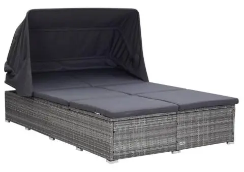 Șezlong de 2 persoane cu pernă, gri, poliratan - 1/5