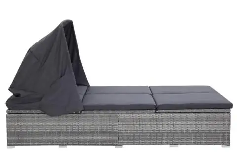 Șezlong de 2 persoane cu pernă, gri, poliratan - 3/5