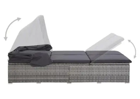 Șezlong de 2 persoane cu pernă, gri, poliratan - 4/5