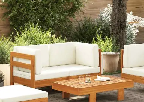 Set mobilier grădină perne alb/crem, 2 piese, lemn masiv acacia - 1/5