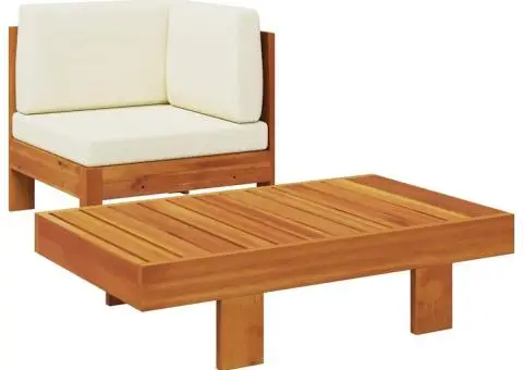 Set mobilier grădină perne alb/crem, 2 piese, lemn masiv acacia - 2/5