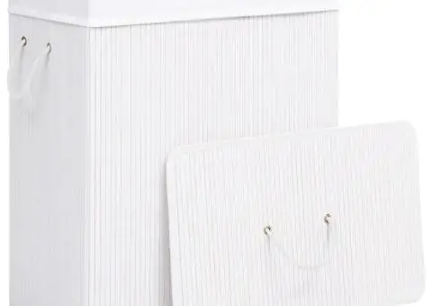 Coș de rufe din bambus cu 2 secțiuni, alb, 100 L - 3/5