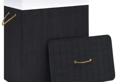 Coș de rufe din bambus cu 2 secțiuni, negru, 100 L - 3/5