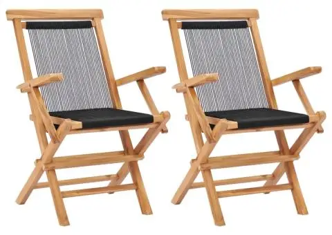 Scaune de grădină pliabile, 2 buc, lemn masiv de tec & frânghie - 1/5