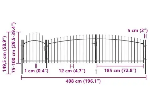 Poartă gard pentru grădină cu vârf suliță, negru 5 x 1,5 m - 5/5