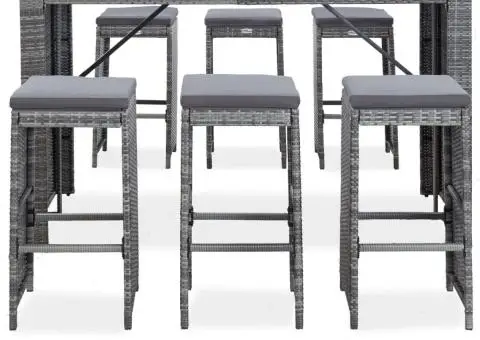 Set mobilier bar de grădină cu perne, 7 piese, gri, poliratan - 2/5