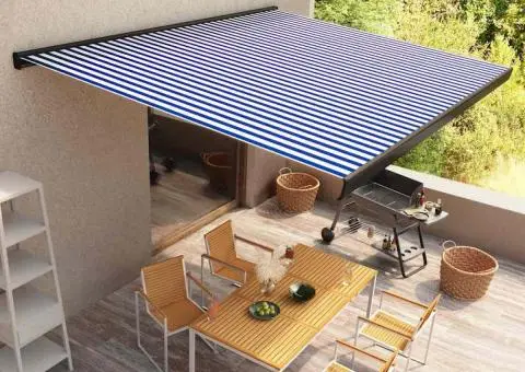 Copertină motorizată tip casetă, albastru și alb, 350 x 250 cm - 1/5