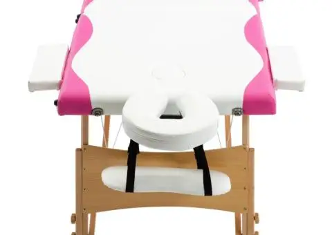 Masă pliabilă de masaj, 2 zone, alb și roz, lemn - 4/5