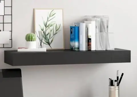 Raft de perete suspendat cu sertar, negru, 80 x 25 x 8 cm - 1/5