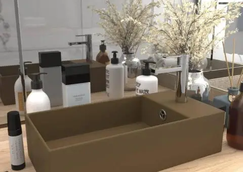 Chiuvetă de baie cu preaplin, crem mat, ceramică - 1/5