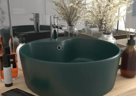 Chiuvetă de lux cu preaplin verde închis mat 36x13 cm ceramică - 1/5