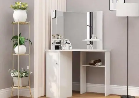 Masă de toaletă colțar, masă pentru machiaj și cosmetice, alb - 1/5