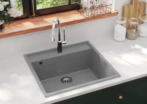 Chiuvetă de bucătărie cu orificiu de preaplin, gri, granit - 1/5