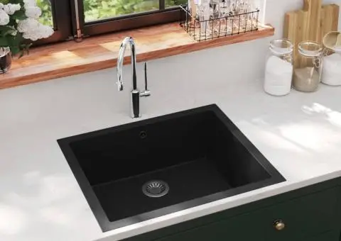 Chiuvetă de bucătărie cu orificiu de preaplin, negru, granit - 1/5