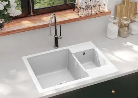 Chiuvetă de bucătărie dublă cu orificiu de preaplin alb granit - 1/5