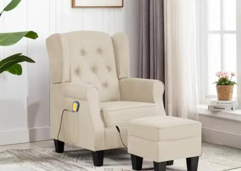 Fotoliu de masaj cu taburet, crem, material textil - 1/5