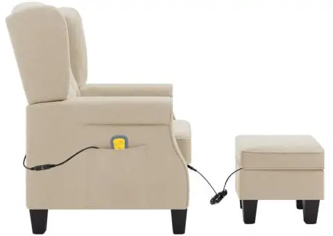 Fotoliu de masaj cu taburet, crem, material textil - 4/5