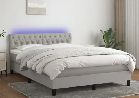 Pat cu arcuri, saltea și LED, gri deschis, 140x200 cm, textil - 1/5