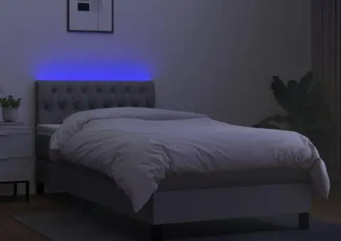 Pat cu arcuri, saltea și LED, gri deschis, 90x190 cm, textil - 4/5