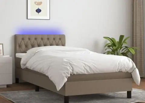 Pat cu arcuri, saltea și LED, gri taupe, 90x200 cm, textil - 1/5