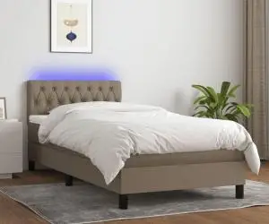 vidaXL Pat cu arcuri, saltea și LED, gri taupe, 90x200 cm, textil