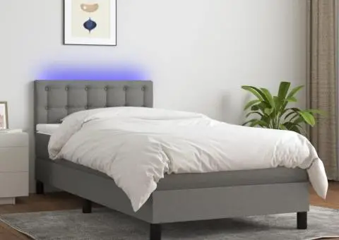 Pat cu arcuri, saltea și LED, gri închis, 80x200 cm, textil - 1/5