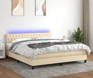 vidaXL Pat cu arcuri, saltea și LED, crem, 180x200 cm, textil