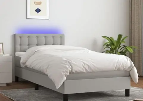 Pat cu arcuri, saltea și LED, gri deschis, 90x200 cm, textil - 1/5