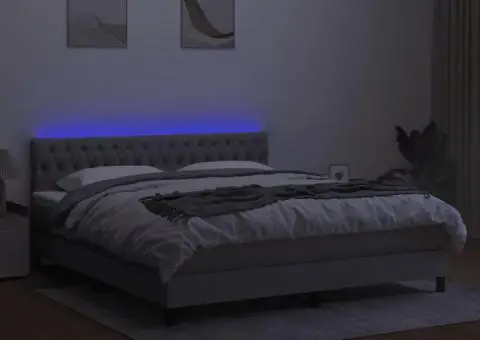 Pat cu arcuri, saltea și LED, gri deschis, 160x200 cm, textil - 4/5