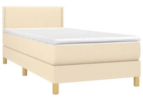 Pat cu arcuri, saltea și LED, crem, 90x200 cm, textil - 3/5