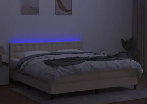 Pat cu arcuri, saltea și LED, crem, 180x200 cm, textil - 4/5