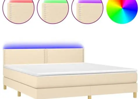 Pat cu arcuri, saltea și LED, crem, 160x200 cm, textil - 2/5