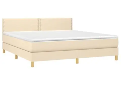 Pat cu arcuri, saltea și LED, crem, 160x200 cm, textil - 4/5