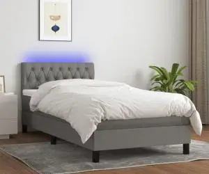 vidaXL Pat cu arcuri, saltea și LED, gri închis, 100x200 cm, textil