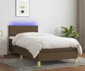 vidaXL Pat cu arcuri, saltea și LED, maro închis, 90x200 cm, textil