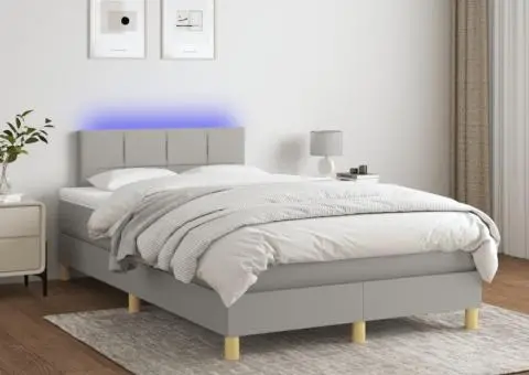 Pat cu arcuri, saltea și LED, gri deschis, 120x200 cm, textil - 1/5