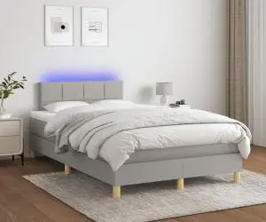 vidaXL Pat cu arcuri, saltea și LED, gri deschis, 120x200 cm, textil