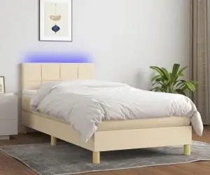 vidaXL Pat cu arcuri, saltea și LED, crem, 90x200 cm, textil