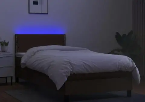 Pat cu arcuri, saltea și LED, maro închis, 80x200 cm, textil - 4/5