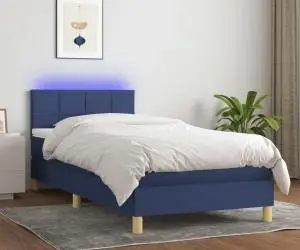 vidaXL Pat cu arcuri, saltea și LED, albastru, 120x200 cm, textil