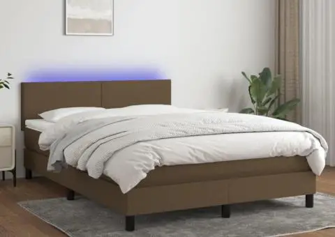 Pat cu arcuri, saltea și LED, maro închis, 140x190 cm, textil - 1/5