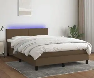 vidaXL Pat cu arcuri, saltea și LED, maro închis, 140x190 cm, textil