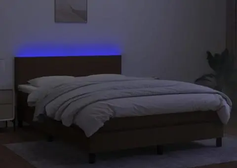 Pat cu arcuri, saltea și LED, maro închis, 140x190 cm, textil - 4/5