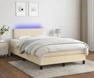 vidaXL Pat cu arcuri, saltea și LED, crem, 120x200 cm, textil