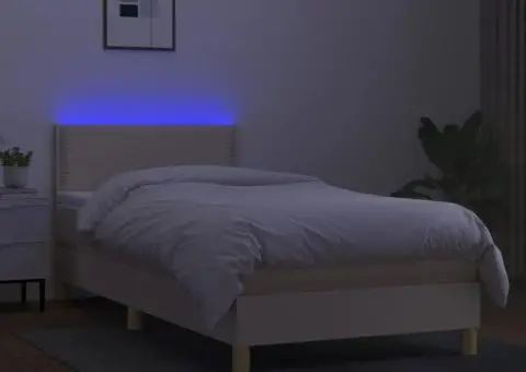 Pat cu arcuri, saltea și LED, crem, 80x200 cm, textil - 4/5