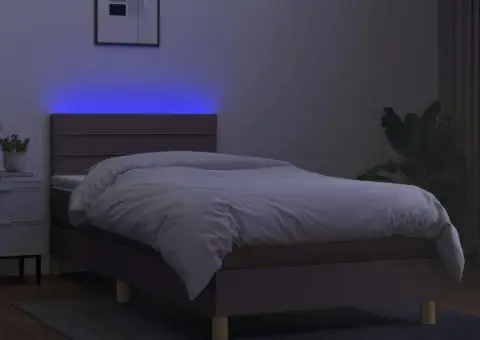 Pat cu arcuri, saltea și LED, gri taupe, 90x200 cm, textil - 4/5