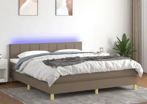 Pat cu arcuri, saltea și LED, gri taupe, 160x200 cm, textil - 1/5