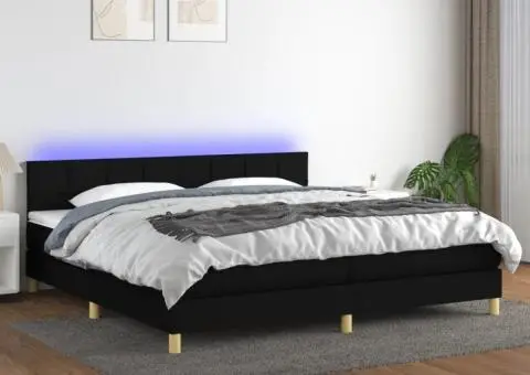 Pat cu arcuri, saltea și LED, negru, 200x200 cm, textil - 1/5